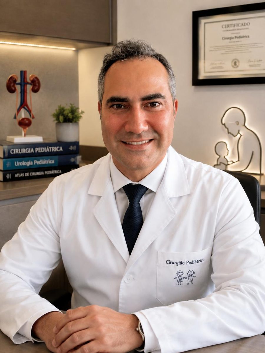 Dr. Paulo Victor em seu consultório, de jaleco, ao lado de livros de cirurgia e urologia pediátrica